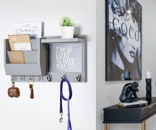 Ziivita Key Holder for Wall - Mail Holder Organizer Wall Mount with Shelf - Hanging Key Rack Hanger with Hooks Decorative for Home Letter Dog Leash Entryway Living Room Decor - color: Gray