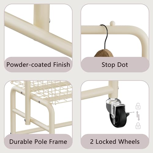 Rolling Laundry Cart with Wheels, Laundry Hamper Basket Organizer with Clothes Hanging Rack, Wire Storage Cloth Shelf Butler, Cream - color: Cream