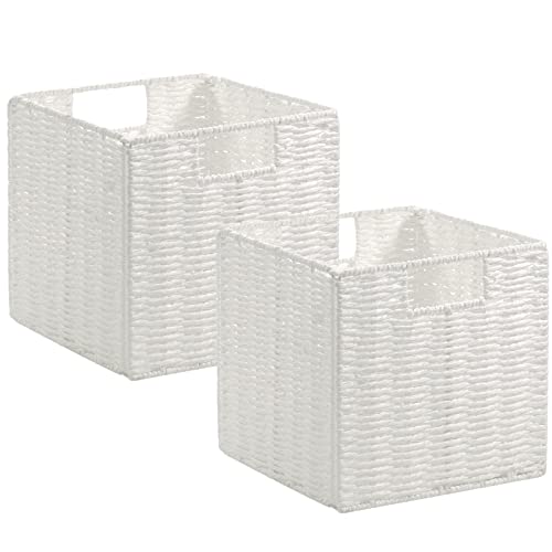 Vagusicc Wicker Storage Basket, Set of 2 Hand-Woven Wicker Baskets for Organizing, Foldable Cube Storage Basket Bins, 13 Inch Large Wicker Storage Baskets for Shelves & Decor, White (13''x13''x13'') - color: White, size: 13'' x 13'' x 13''