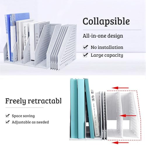 Marte Vanci Collapsible Magazine File Holder with 4 Vertical Compartments, Binder Holder for Desk, Desktop Binder Organizer for Notebook, Documents, Book, School Office Supplies(Light Gray) - color: Light Gray 4 Compartments