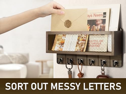 Rebee Vision Farmhouse Key Holder for Wall with Mail Storage Basket : Decorative Wall Mount Organizer with 6 Sturdy Wall Hooks and Wooden Key Rack - Rustic Home Decor (Retro Brown) - color: Brown