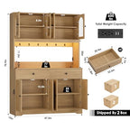 HIFIT 71" LED Kitchen Pantry Cabinet with Power Outlet, Large Kitchen Hutch Storage Cabinet with Arched Door & Shelves & 2 Drawers, Tall Modern Coffee Bar w/Hutch for Home Dining Living Room, Natural - color: Natural