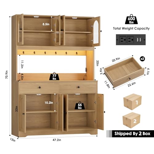 HIFIT 71" LED Kitchen Pantry Cabinet with Power Outlet, Large Kitchen Hutch Storage Cabinet with Arched Door & Shelves & 2 Drawers, Tall Modern Coffee Bar w/Hutch for Home Dining Living Room, Natural - color: Natural