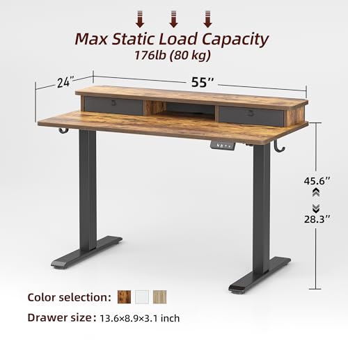 TIQLAB Standing Desk with Two Drawers, Stand Up Standing Desk Adjustable Height, Electric Sit Stand Table with Storage Shelf and Splice Board, 55 * 24 inch, Rustic Brown - color: Rustic Brown, size: 55*24 inch without keyboard tray