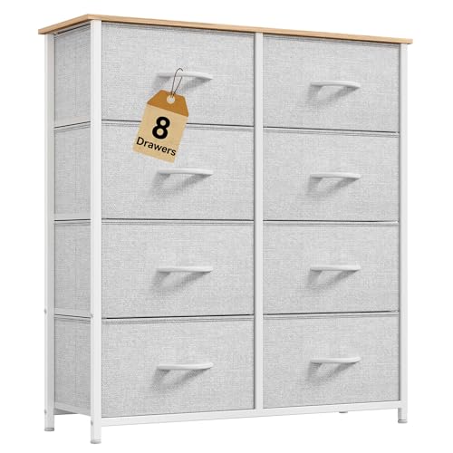 DWVO Fabric Dresser for Room, Tall Storage 8 Drawers, Black Dresser & Chest of Drawers, Storage Drawer Organizer for Closet, Living Room - color: Light Grey-white Handle, style: 8-Drawer