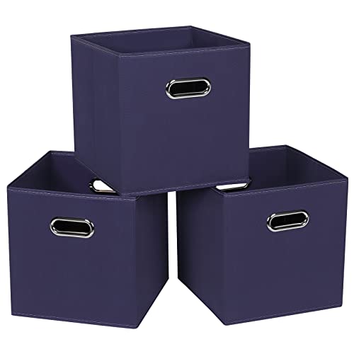 STOREONE Fabric Storage Bins Cubes Baskets Containers-(11X11X11) with Dual Handles for Shelf Closet, Nursery Home ， Bedroom Organizers, Foldable Set of 3 (Navy Blue) - color: Navy Blue, size: 3 pack