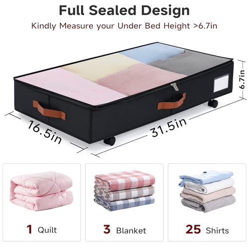 Under Bed Storage with Wheels Set of 2, Underbed Storage Container with Clear Lid Cover, 6.7 Inches Height Rolling Under Bed Drawer Storage Basket Bin Shoe Organizer for Cloth Sheet Sweater, Black - color: Black