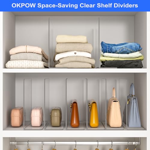 OKPOW Shelf Dividers Closet Organizer - 12" Tall X 11.8" Deep Acrylic Clear Sturdy Separate for Clothes Purse - Adjustable Space Saver Easy Install for Home Organization Enthusiasts 8 Pack - color: 8 Pack, size: Extra Tall 12" x Deep 11.8"