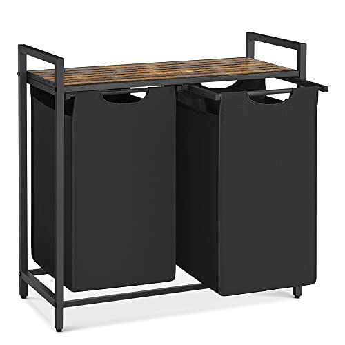VASAGLE Laundry Hamper, Laundry Basket, Laundry Sorter with 2 Pull-Out and Removable Bags, Shelf, Metal Frame, 2 x 12.1 Gallons (46 L), 28.8 x 13 x 28.4 Inches, Ink Black and Rustic Brown UBLH201B01 - color: Black + Rustic Brown, size: 2 Bags - 92 L
