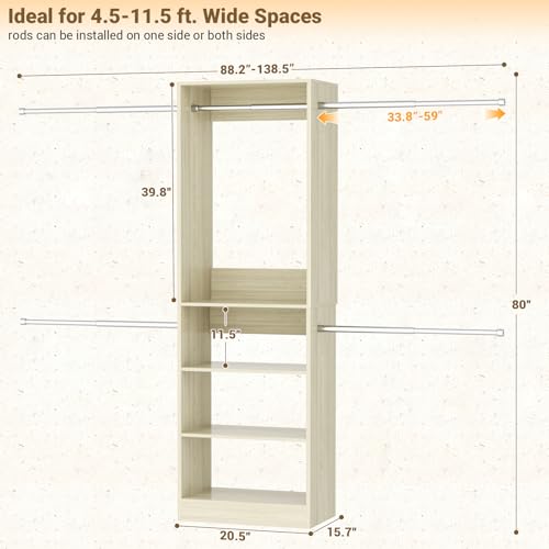 Homieasy Closet System, 4.5-11.5 Ft Expandable Closet Organizer with 5 Hanging Rods, Walk-in Wood Closet Organizer System with Storage Tower, Heavy Duty Garment Rack Wardrobe for Bedroom, Light Oak - color: Light Oak