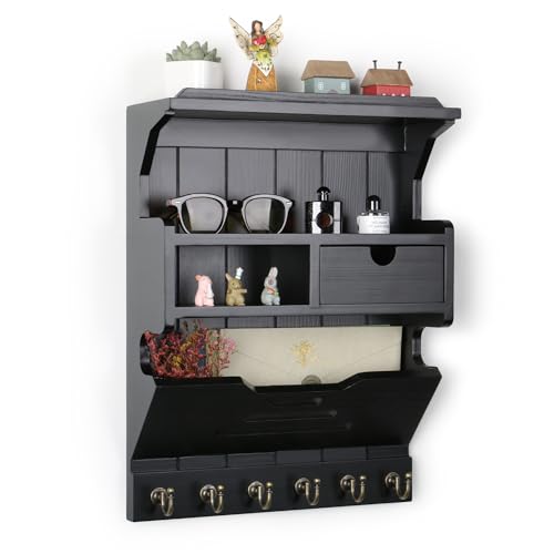 Key Holder for Wall, Elegant Wall-Mounted Mail Organizer with Storage Drawers & 6 Key Hooks, Pine Wood Luxury Black
