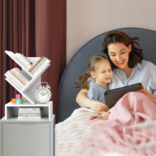 Godferyxin Small Bookcase with Drawer – Compact Book Holder for Small Spaces, White Small Book Shelf for Office, CDs, and Decorative Items, Fits Bedroom Desk Bookshelf Tree - color: 4-tier-white