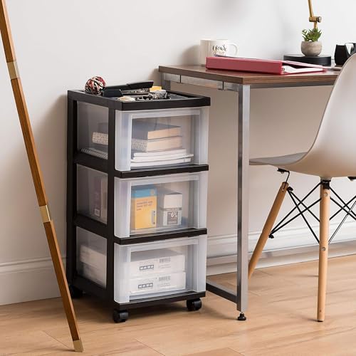 IRIS USA Plastic Drawer Storage Organizer Rolling Cart, with Wheels Casters, 3-Drawers, for Classroom Art Craft Supplies Dresser Closet Bathroom Laundry Room, Black/Clear - color: Black, size: 3 Drawer