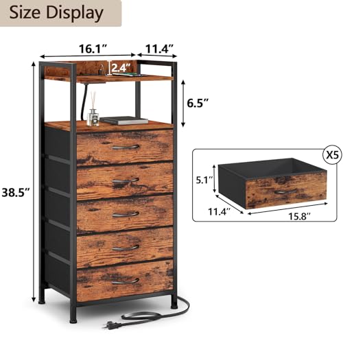 Furnulem 5 Drawer Dresser for Bedroom, Tall Nightstand with Led Light and Charging Station, Small Night Stand Bedside Table, Fabric Bins, Metal Frame, Wood Shelf, Side Furniture(Rustic Brown) - color: Rustic Brown, style: 5 Drawer