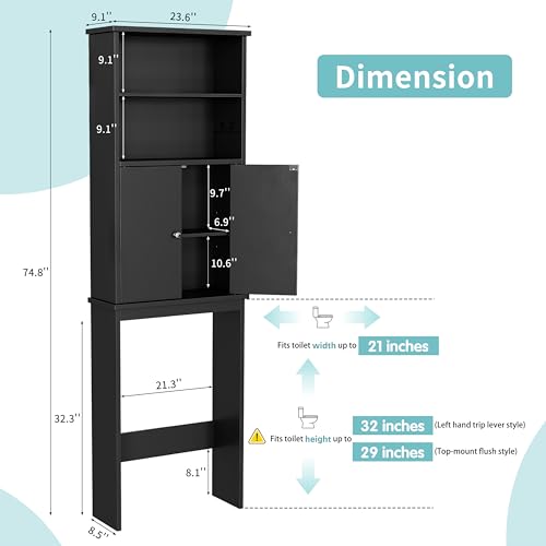 Shintenchi Over The Toilet Storage Cabinet, Bathroom Above The Toilet Rack, Bathroom Adjustable Shelf Organizer with Open Bottom Bar and Anti-Tip Device, Black - color: Black, size: 2 Open Shelves
