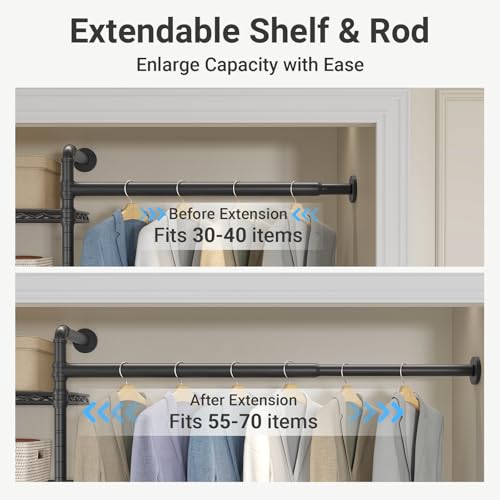 Timate S3X Medium Expandable Wall Mounted Closet System, Heavy Duty Clothes Rack with 6 Adjustable Metal Shelves & 4 Hanger Rods, Closet Organizers and Storage Fits Spaces 5'3"- 8', Black - color: Black, size: S3X Medium
