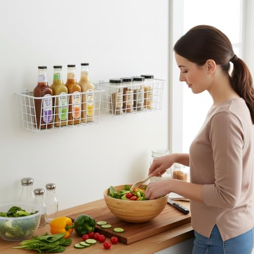 LeleCAT Hanging Kitchen Baskets For Storage Adhesive Sturdy Small Wire Storage Baskets No Drilling Wall Mounted Kitchen Food Pantry Bathroom Shelf Storage, 4 PACK,White - color: White, size: 4 PACK