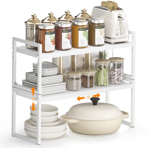DOLALIKE Expandable Kitchen Countertop Organizer, Stackable Cabinet Shelf Organizers, Space Saving Spice Rack Pantry Storage for Bathroom Office Organization (White, 2-Tier) - color: Root={'value': "White, 8.3''d*14.02-22.3''w*17.42''h"}