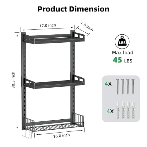 Kalrin 3 Tier Bathroom Shelves Over Toilet - Wall Mounted Floating Shelves with Drain Basket, Toilet Paper Storage, Height Adjustable Over The Toilet Storage, Pure Black - color: Pure Black