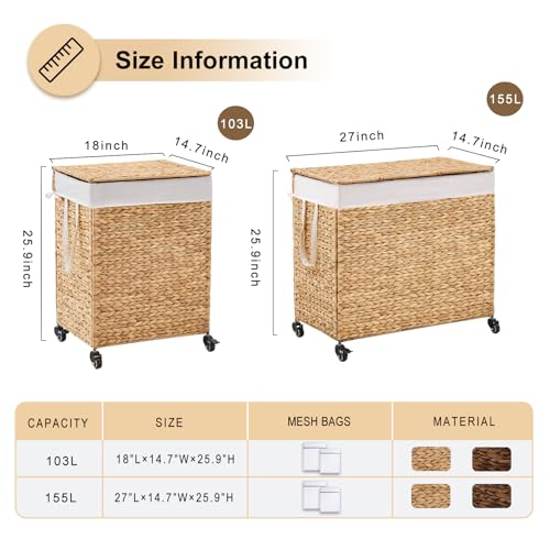 3-Section Laundry Hamper with Lid, Large Capacity Woven Natural Water Hyacinth Laundry Sorter with Removable Liners, Rolling or Non-Slip Design for Bedroom (Natural, 155L) - color: Natural, size: 3-Section