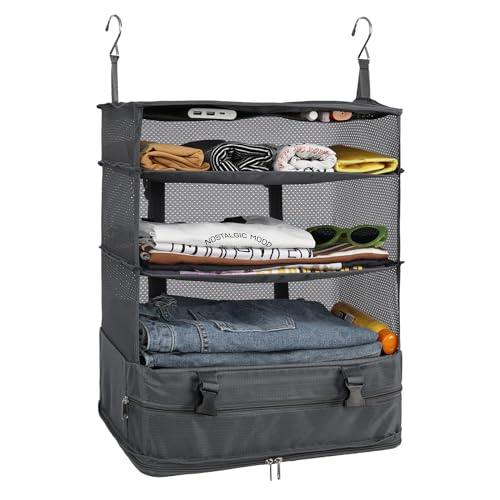 Surblue Hanging Closet Storage Bag Collapsible 3-Shelf Washable Oxford Fabric with 2 Hooks (XL 17.71 * 11.81 * 20in, Grey) - color: Grey, size: XL 17.71*11.81*20in