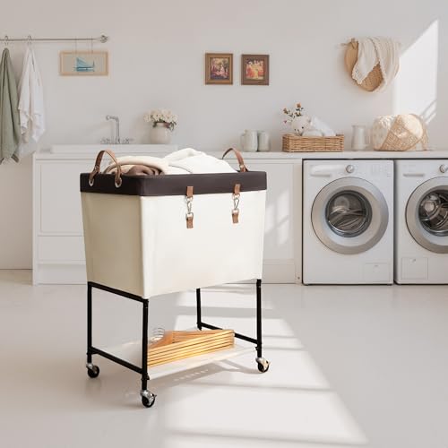 StorageWorks Laundry Cart, 2 Tier Rolling Laundry Basket, Heavy Duty Laundry Basket with Lockable Wheels, Laundry Room Organization and Storage, Clothes Hamper for Bedroom, Dorm, Closet, 29Gal, Beige - color: Beige, size: 29Gal (110L)