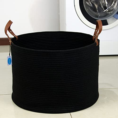 Casaphoria XXXLarge Cotton Rope Basket for Living Room - Woven Storage Basket with long Handle for Blankets, Towels and Pillows Laundry Hamper | Black (20" x 20" x 13") - color: Black