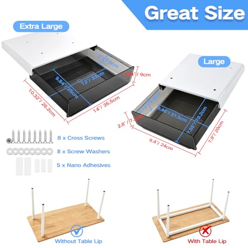 OSPNIEEK Self-adhesive Under Desk Drawer Organizer, 2 Pack Table Hidden Slide Out Large Storage Mounted Desktop Pencil Holder Tray Drawers for Office Home School Stationery Kitchen (XL+L, Black) - color: Matte Black, size: Extra Large + Large