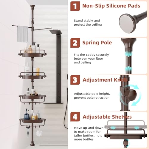 XLHOMO 32-122inch Corner Shower Caddy Tension Pole Brown, Rustproof Drill-Free Shower Shelves for Bathroom Bathtub Washbasin, Adjustable Shower Organizer with 4 Tier Patent Stable Shelves & Towel Bars - color: Brown