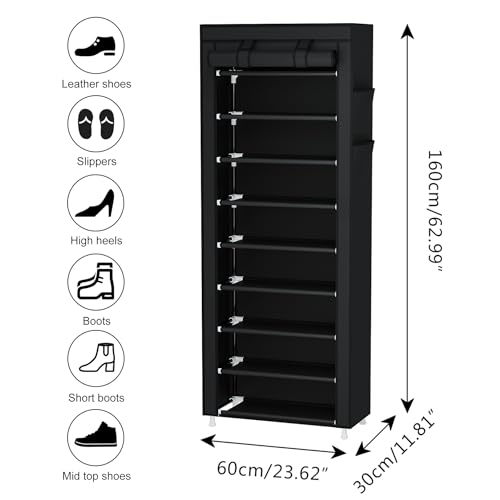 Calmootey 9 Tier Shoe Rack Organizer,Portable Shoe Shelf with Nonwoven Fabric Cover for Closet Hallway,Bedroom,Entryway,Black | Organizer - color: Black, size: 9-tier(23.62"W)