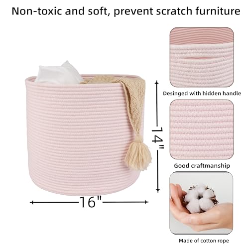 XUANGUO Cotton Rope Basket For Girls Kids 16”X14” Baby Laundry Baskets Nursery Bin Round Woven Basket Organizer For Storage Toys Blankets Shoes Clothes pink - color: pink