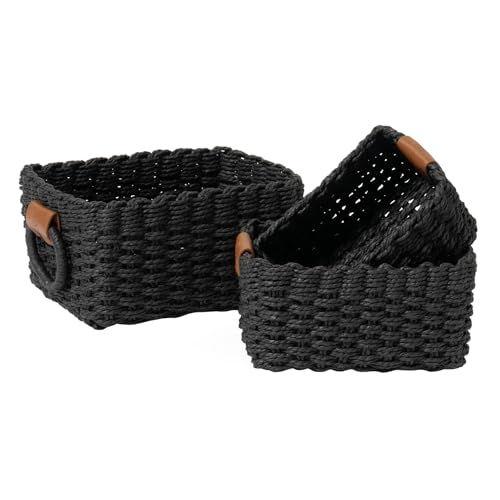 LA JOLIE MUSE Small Wicker Baskets for Organizing, Recycled Paper Rope Storage Basket Container Bins for Shelves Bathroom Cupboards Drawer, Decorative Square Basket Organizer Set of 3, Black - color: Ebony Black