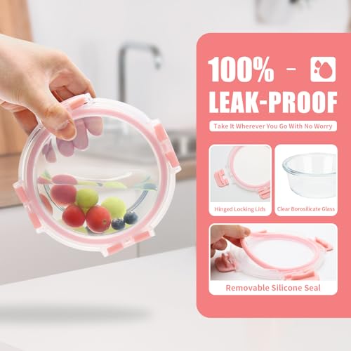 GULFLIN 12 Pack 13oz Small Glass Food Storage Containers with Lids Airtight, Leak-Proof Round Meal Prep Containers Set, Freezer to Microwave Safe, Dishwasher Safe - color: 13oz,Same Size - 12 Pack,Pink Set