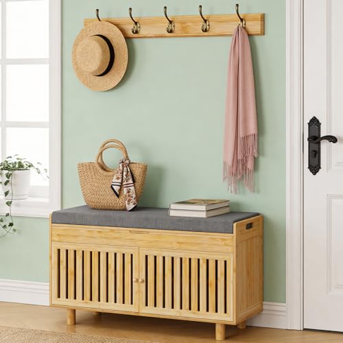 Shoe Storage Bench Coat Rack Set, 35.4" Bamboo Shoes Bench with Lift Top Hidden Storage & Wall Hooks, Hall Tree Entryway Bench with Seat Cushion, 2-Tier Shoe Cabinet for Entryway, Living Room, Bedroom - color: Natural With Hooks