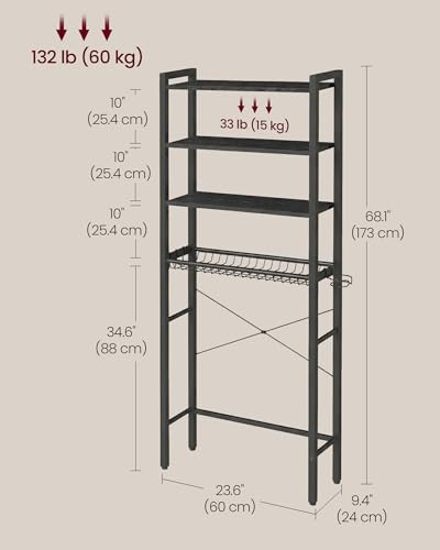 VASAGLE Over the Toilet Storage, Over Toilet Bathroom Organizer with Adjustable Shelves and Basket, 3 Hooks, Space Saving, 9.4 x 23.6 x 68.1 Inches, Ebony Black UBTS114BE01S - color: Ebony Black, style: 4 Tiers (68.1" H)