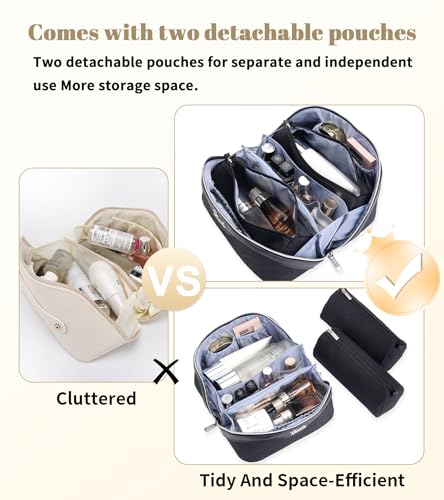 BOYATU Travel Makeup Bags Cosmetic Organizer Bag: 3-Set Large Capacity Make up Bag - PU Leather Toiletry Bags for Women - Wide Open Portable Pouch with Divider & Handle (A-Black) - color: A-Black
