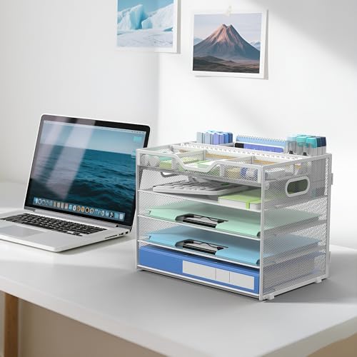 Docnest 5 Tier Mesh Desk Organizer- Letter Tray with Adjustable Compartments, Mesh Desktop Storage Built in Pen Holder and Handles, Desk Organizer Tray for Mail Documents Office Supplies–White - color: White
