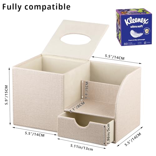 YAPISHI Square Tissue Box Cover with Storage Drawer, PU Leather Facial Tissues Cube Boxes Holder Modern Makeup Remote Control Holder, Nightstand Organizer Caddy for Bathroom Vanity, Office, Home Decor - color: Beige