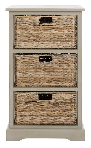 SAFAVIEH Home Collection – Halle Vintage Grey Storage Side Table with Wicker Baskets, Farmhouse Accent Storage, Fully Assembled (AMH5738D) - color: Vintage Grey