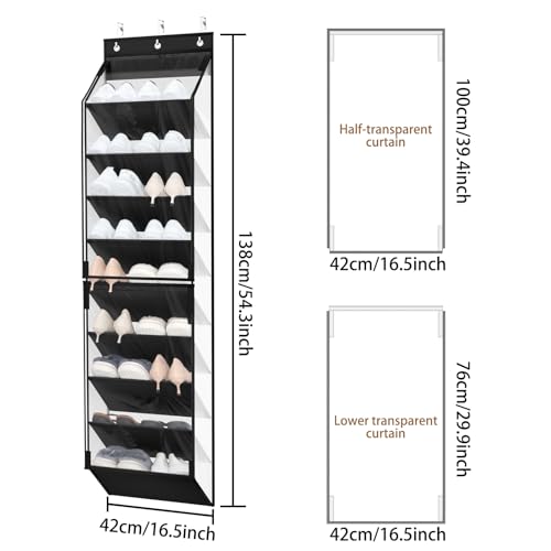WERNNSAI Over the Door Shoe Organizer with Clear Curtain Dustproof, 9-Shelf Shoe Rack, Deep Pockets Large Hanging Shoes Rack for Closet Door Dorm Bedroom Guest Room Black