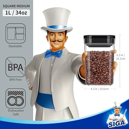 MR.SIGA 4 Pack Airtight Food Storage Container Set, BPA Free Kitchen Pantry Organization Canisters, One-handed Airtight Cereal Snack Candy Storage Containers, 1 L / 34oz, Medium, Black - color: Black