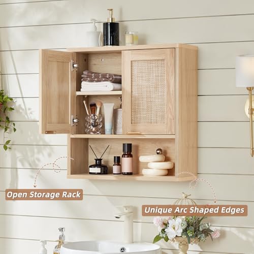 LEYAOYAO Rattan Bathroom Wall Cabinet, Boho Medicine Cabinet with Adjustable Shelf & Doors, Over The Toilet Storage Cabinets Organizer for Laundry Room, Kitchen, Living Room, Natural - color: Natural, size: 7.7"D×23.5"W×24"H