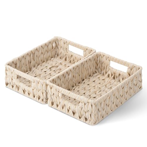 GRANNY SAYS Wicker Baskets for Organizing, Storage Basket for Shelves, Shelf Baskets with Handles, Waterproof Woven Basket for Living Room, Rectangular Baskets for Entryway, 2-Pack - color: Butter Milk, size: 11 ¼"L x 7 ½"W x 3 ½"H