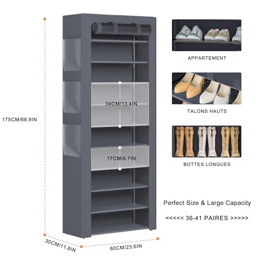 OYREL Shoes Rack 10 Tier Tall Shoe Rack with Storage Pockets, Fabric Covered Shoe Racks,Metal Shoes Rack Organizer for Closets,Bedroom, Garage - color: Grey
