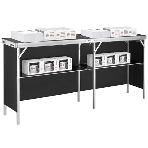 VEVOR Extra Long Folding Portable Bar Tradeshow Podium Table for Indoor, Outdoor, Party, Picnic, Exhibition, Includes Carrying Case, Storage Shelf and Black Skirt, 77.95" x 15.16" x 34.65" - size: 77.95 INCH