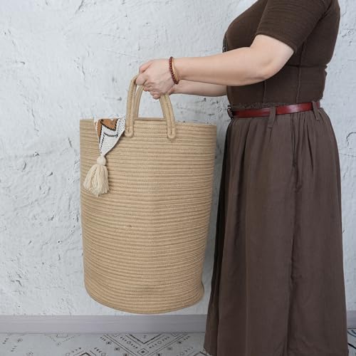 XUANGUO Cotton Rope Laundry Basket Hamper for Clothes Woven Storage Basket for Living Room Bedroom Boho Tall Rope Baskets for Blanket Toys Pillow Towels Baby Nursery Hamper Bin Large jute - color: jute, size: Large