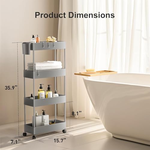 Pipishell Slim Storage Cart with Wheels, 4 Tier Bathroom Storage Organizer Rolling Utility Cart for Bathroom Kitchen Laundry Room Office Narrow Place (Gray) - color: Gray, size: 4-Tier
