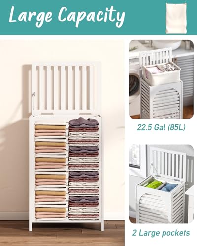 White Laundry Hamper, 22.5 Gallon (85L) Bamboo Wood Clothes Laundry Basket with Lid and Handles, Removable Liner - color: White, size: Large