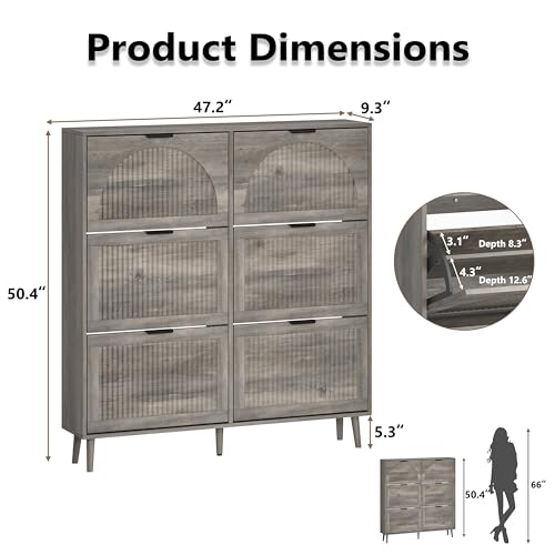 BORNOON Shoe Cabinet for Entryway with 6 Flip Drawers, Slim Wooden Shoe Storage Organizer with Modern Fluted Pannel，Freestanding Narrow Hidden Shoe Rack for Hallway, Foyer, Living Room - color: Grey, size: 6 Flip Drawers