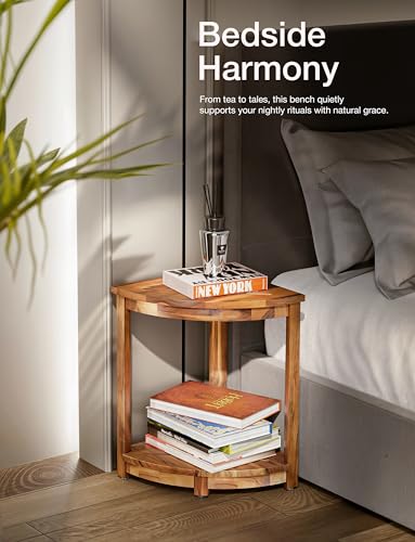 HOLANA 18" Teak Corner Shower Stool for Inside Shower – Teak Corner Shower Bench with Storage Shelf – Shower Foot Rest and Shower Stool for Shaving Legs – Compact Shower Stool for Indoor Use
